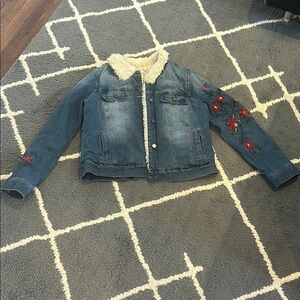 Denim Jacket with Floral Embroidery and Sherpa Lining